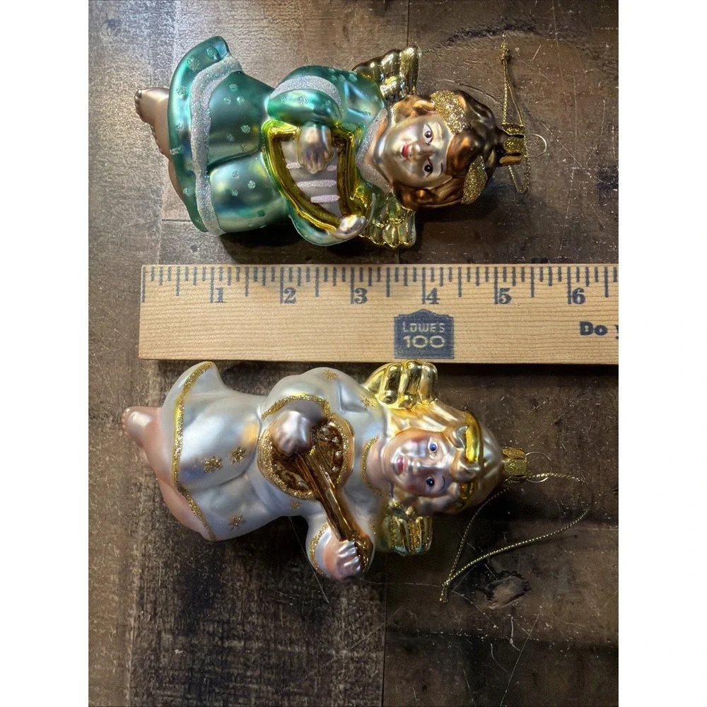 Brass Key Christmas Cherubs Angels Hand Blown Ornaments Vtg 2000 Set Of‎ 4